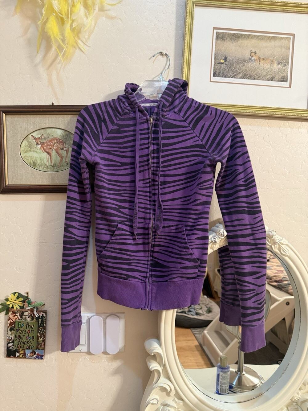 RARE Abbey Dawn Sz S Purple Zebra Tiger Hoodie Y2K Scene Emo Punk